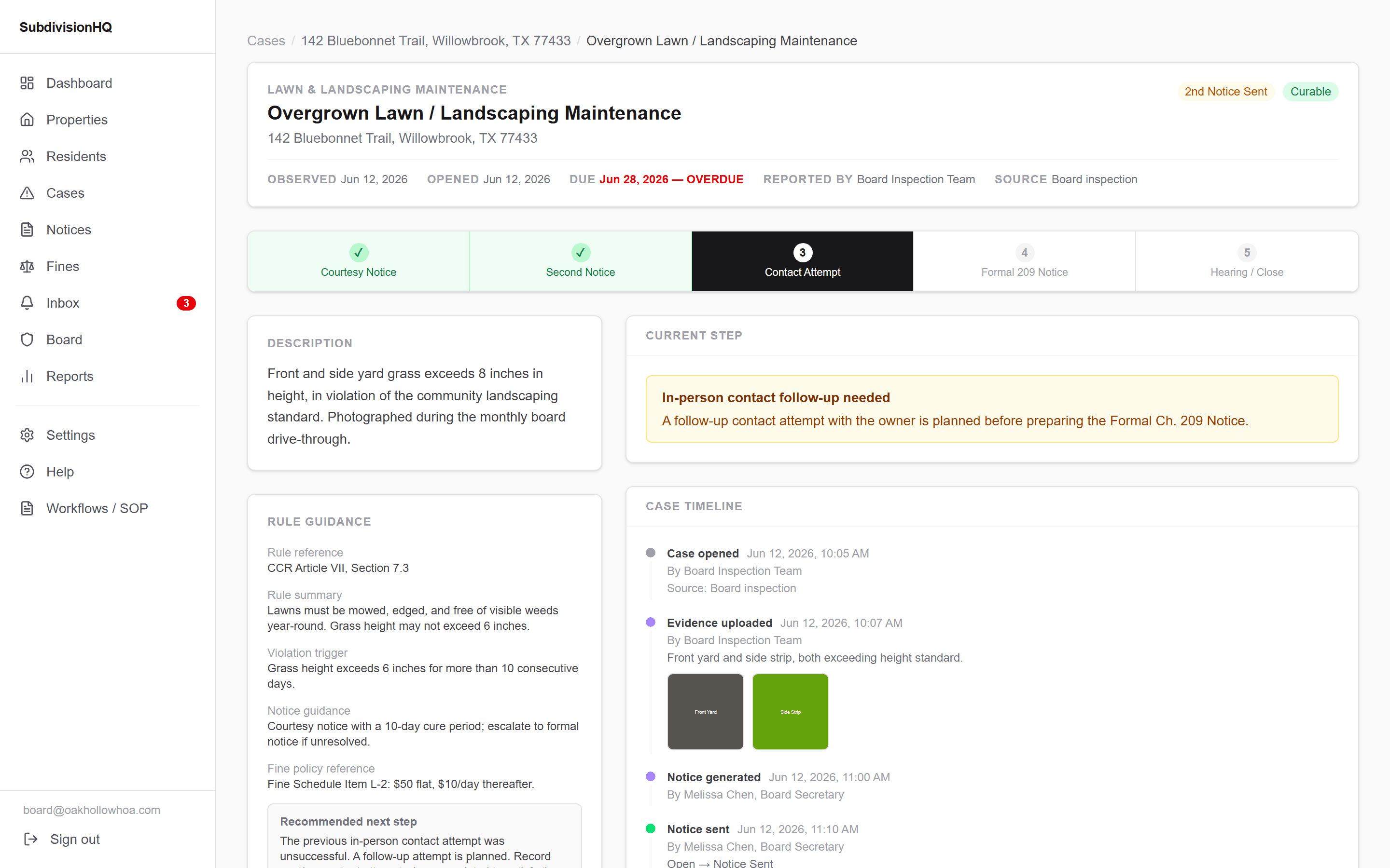SubdivisionHQ violation case file with photo evidence and case timeline